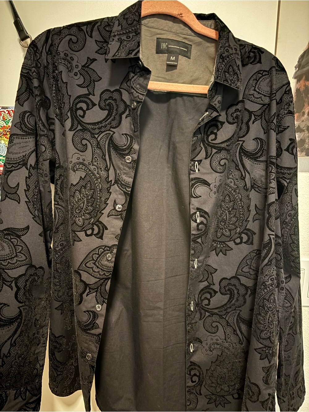 INC International Concepts Black Paisley Velvet-Print Button Down Shirt